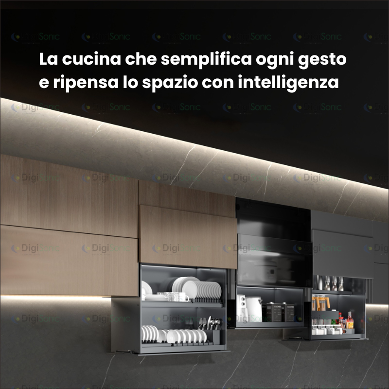 Immagine del meccanismo saliscendi per pensili cucina Star Kitchen, una soluzione tecnologica e innovativa che semplifica l'accesso agli spazi alti, migliorando l'ergonomia e la funzionalità per una cucina accessibile.